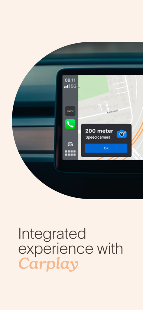 Saphe Link - Apple CarPlay 대시보드에 표시된 Saphe Link 과속 카메라 알림
