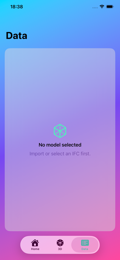 Estado vazio da tela de Dados do aplicativo IFC Viewer solicitando ao usuário que importe ou selecione um modelo IFC