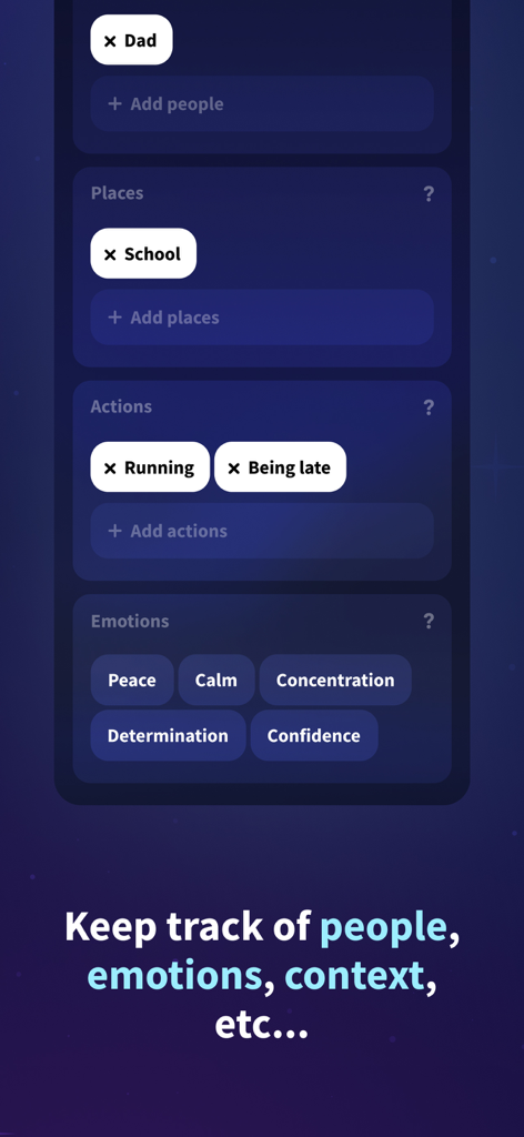 Oniri - Your Dream Journal - Oniri app interface for tagging people places actions and emotions in a dream journal