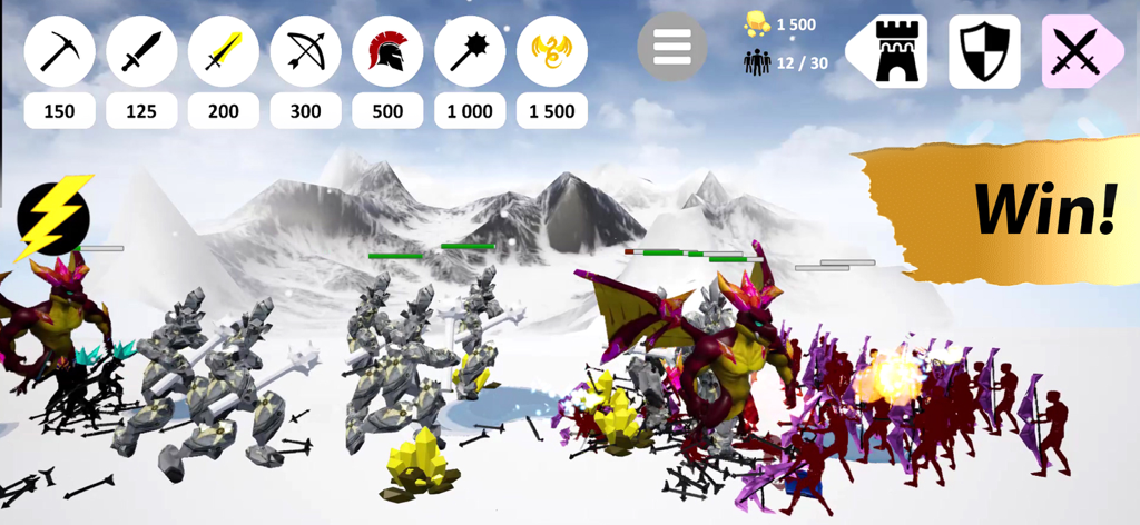 stick.war Dragon Legacy 3D - Una batalla de ejército stickman en 3D con un dragón rojo en un paisaje montañoso nevado mostrando un mensaje de victoria