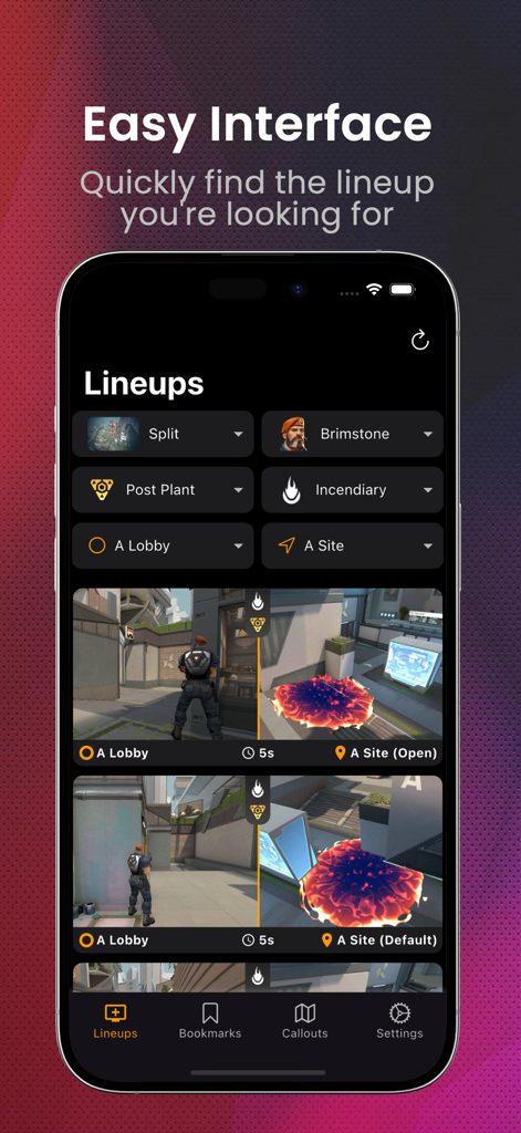 ValoGuide - Valorant Lineups - Interface de l'application mobile ValoGuide montrant les lineups d'incendiaires de Brimstone pour la carte Split dans Valorant