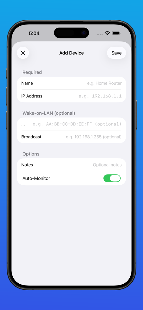 IP Monitoring Tool PingStation - Pantalla Agregar Dispositivo en la aplicación PingStation que muestra campos de entrada para el nombre del dispositivo, la dirección IP y la configuración de Wake on LAN