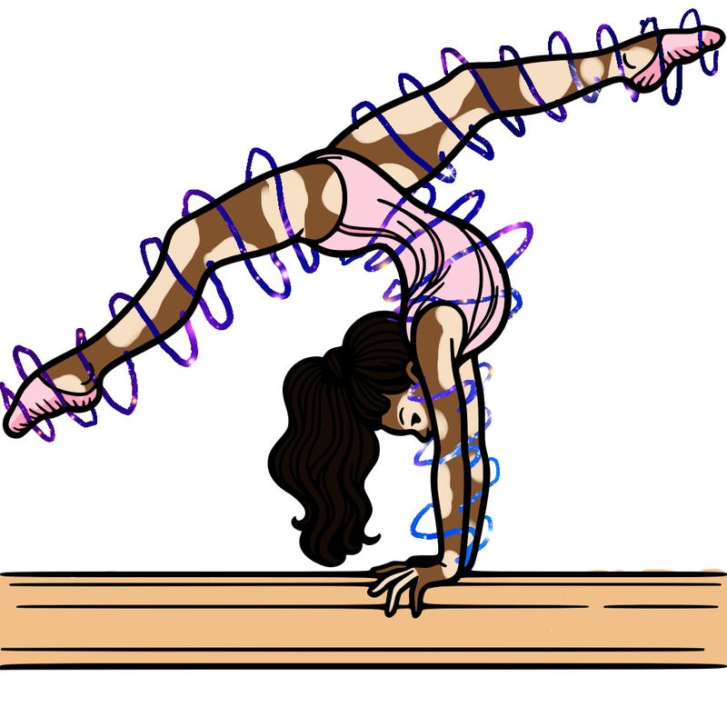 gymnast doing split handstand on a beam