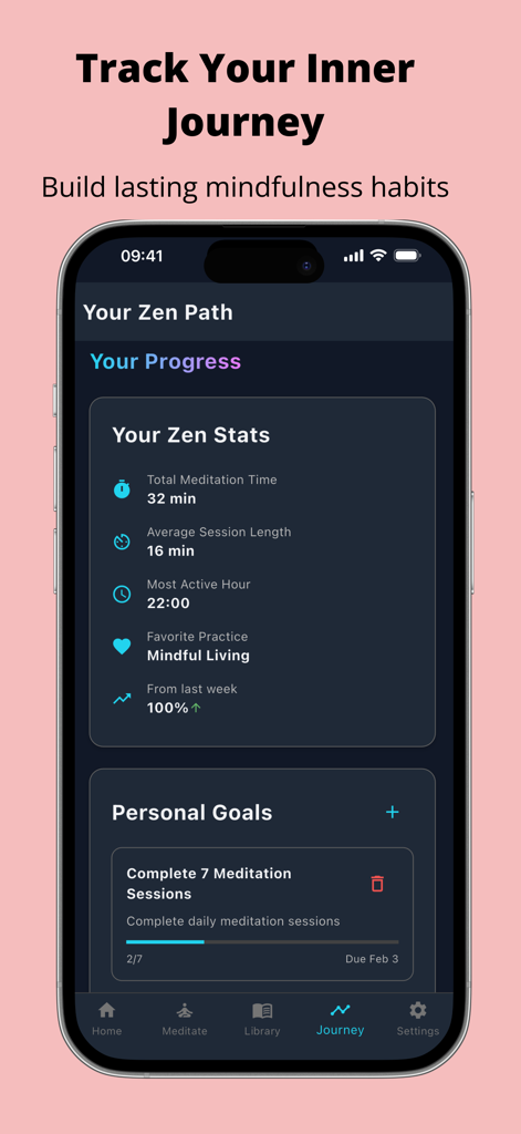 Zen Daily: Buddhism Practice - Panel de la app Zen Daily que muestra estadísticas de meditación, objetivos personales y seguimiento del progreso de atención plena