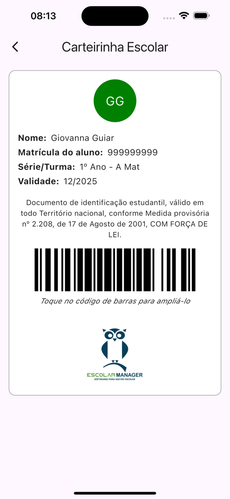 Digital student identification card screen showing student name, ID number, and barcode