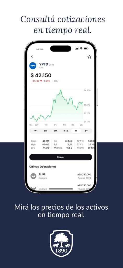 Aldazabal y Cía. - Aldazabal app interface showing real time stock quotes and charts on an iPhone