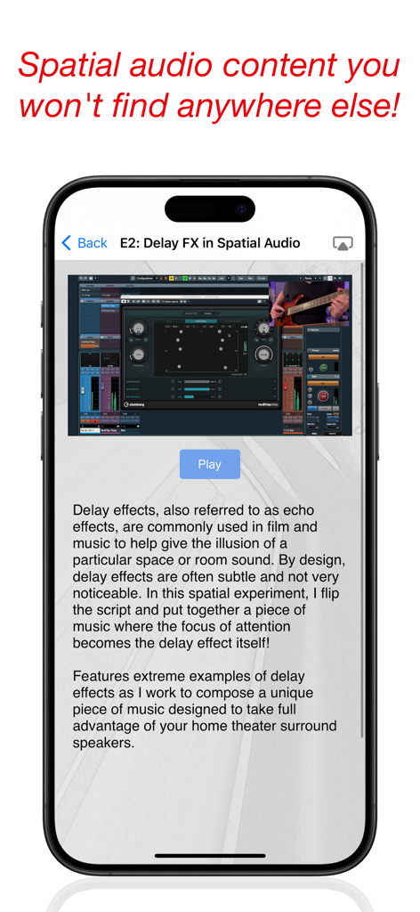遅延効果に関する独占的な空間オーディオ実験を表示するサラウンドスピーカーチェックアプリの画面