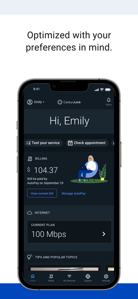 Schermata principale dell'app My CenturyLink con informazioni sulla fatturazione e sul servizio internet