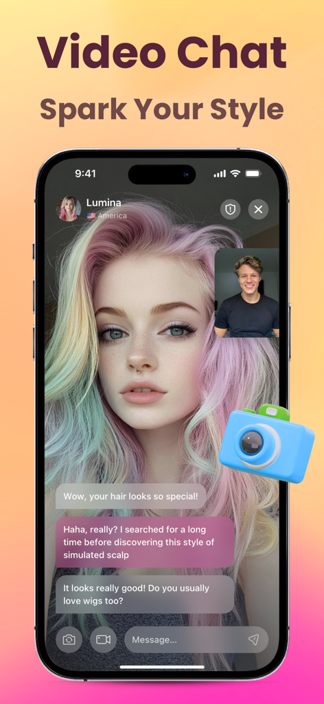 Pantalla de chat de video de la aplicación MOMOF mostrando a una usuaria con cabello pastel y burbujas de conversación de estilismo