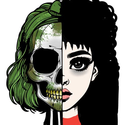 realistic girl with half skull mask