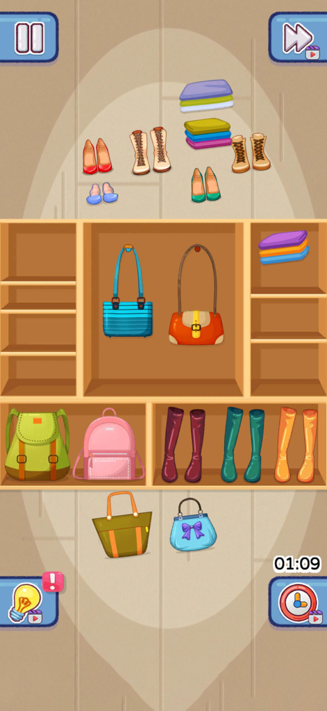 Perfect Satisfy: Organize Game - Captura de pantalla del juego mostrando zapatos y bolsos siendo organizados en un armario de madera