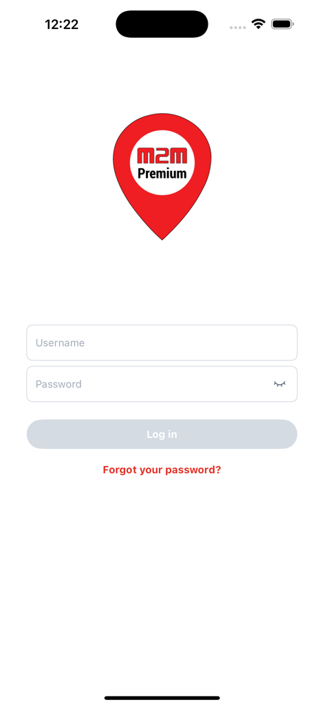 M2M Vehicle Tracking Premium - Anmeldebildschirm der M2M Fahrzeugortung Premium App mit Logo und Feldern für Benutzername und Passwort
