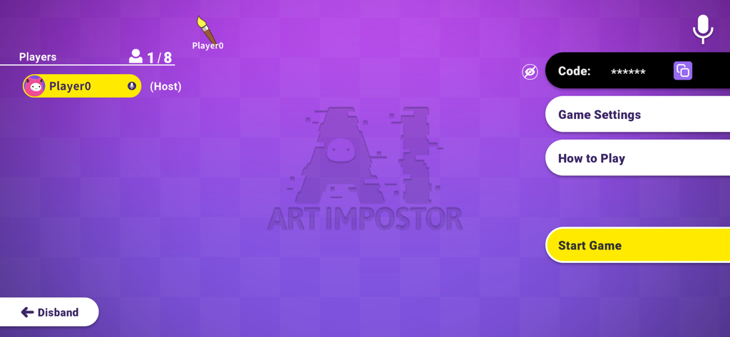 Pantalla del lobby del juego AI Art Impostor mostrando al jugador anfitrión y el botón de iniciar juego