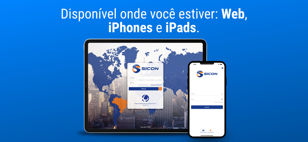 Interfaz de inicio de sesión de la app Sicon mostrada en dispositivos smartphone y tablet