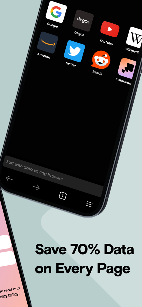 Instabridge Web Browser - An iPhone showing the Instabridge Web Browser interface with the text Save 70 percent Data on Every Page and popular website icons.