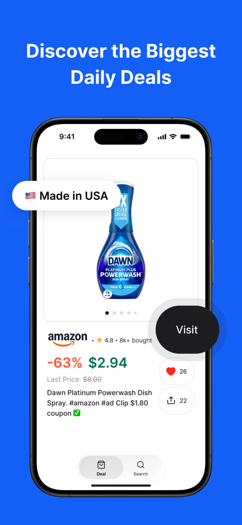 Haul Shopping - Interface of the Haul Shopping app showing a significant discount on Dawn dish spray from Amazon