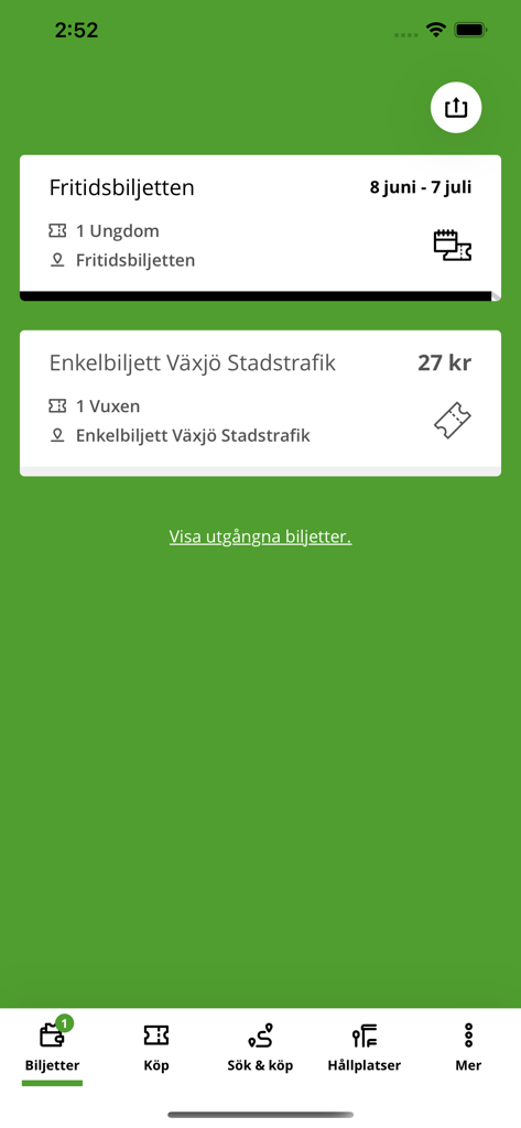 Lanstrafiken Kronoberg mobile app displaying digital bus tickets and travel passes