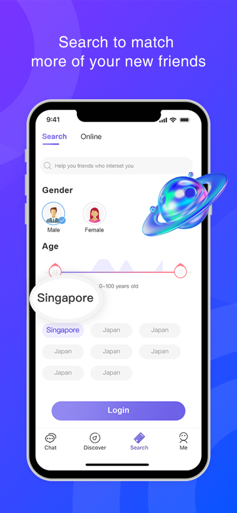 Aoocat - Aoocat app search screen showing filters for gender age and country to find new friends
