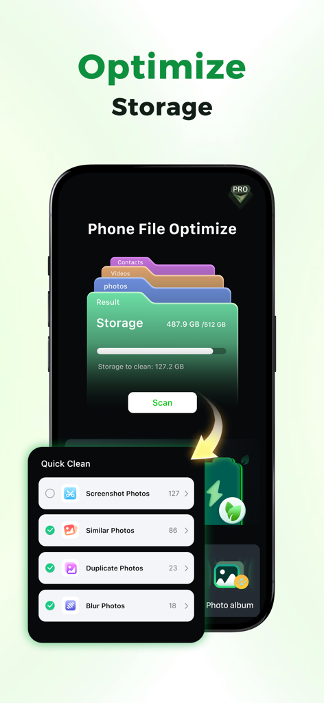 Device Care: Storage & Battery - iPhone app interface showing storage optimization and quick clean options for photos