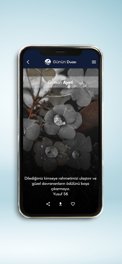 Günün Duasıモバイルアプリの画面、花柄の背景にトルコ語で今日の詩が表示されています。