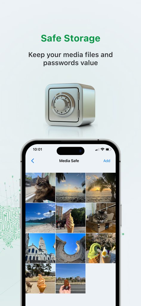 Privacy Fortress: Secure, Safe - Privacy Fortress safe storage feature showing a secure media vault for private photos and passwords on an iPhone screen.