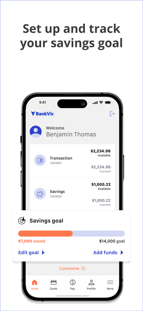BankVic app - A smartphone showing the BankVic app interface with a savings goal progress bar tracking 7000 dollars saved towards a 14000 dollar goal