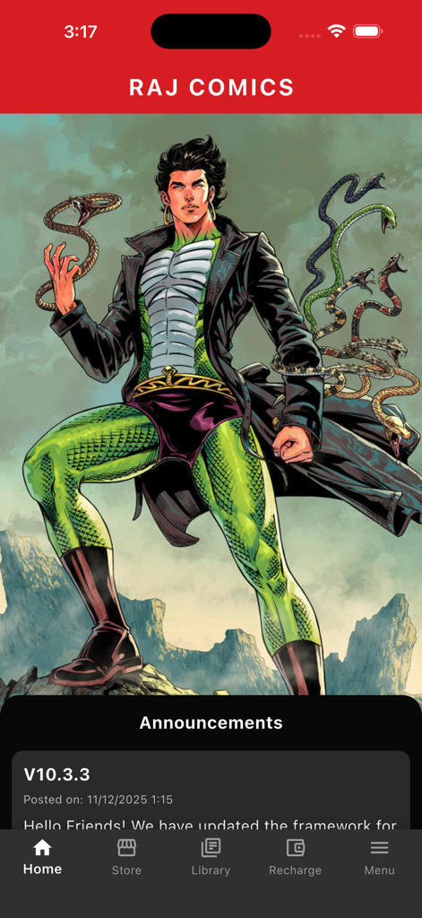 Raj Comics - Home screen of the Raj Comics app showing the superhero Nagraj