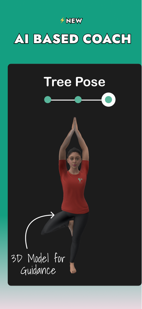 Yoga for beginners | Prayoga - AI based yoga coach in Prayoga app showing 3D model guidance for Tree Pose