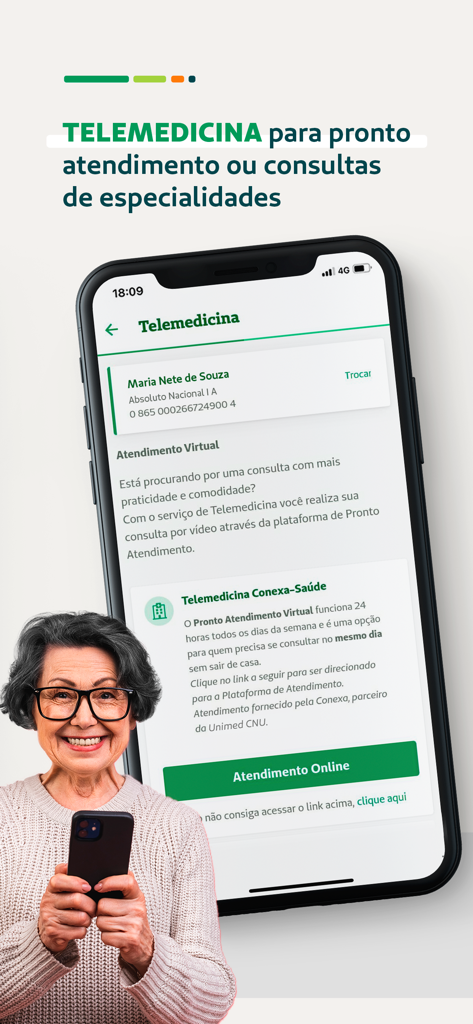 A smiling elderly woman using the Unimed CNU mobile app for a telemedicine consultation.