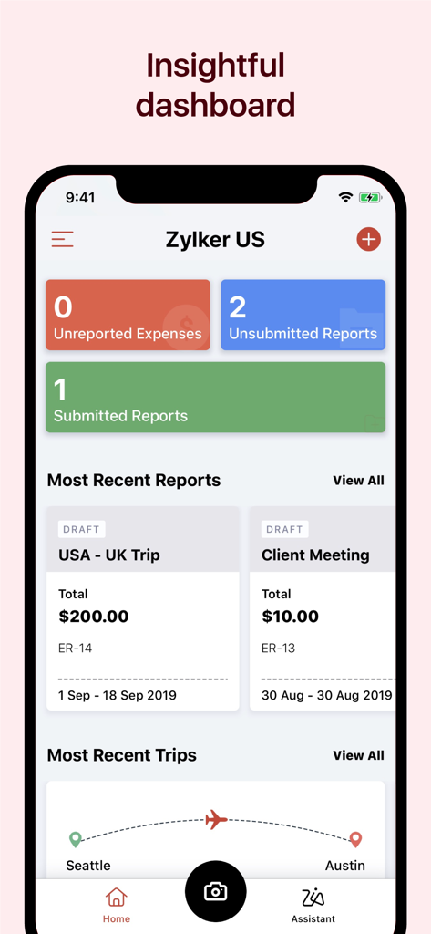 Zoho Expense mobile app dashboard showing unreported expenses and recent business travel trips