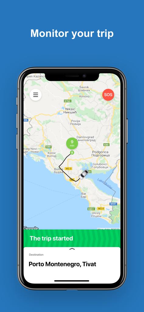 TeslaGoApp rides in Montenegro - TeslaGoApp interface showing real-time trip monitoring on a map in Montenegro