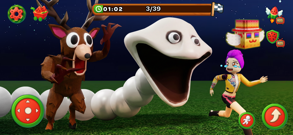 Watermelon World Challenge - A character running away from a giant white worm and a deer monster in a grassy field at night