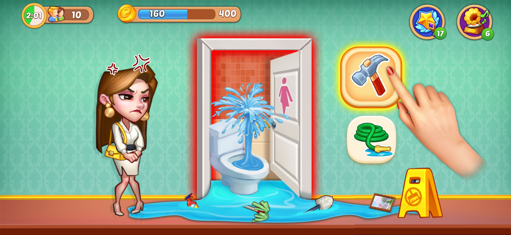 Hotel Craze® Design Makeover - ホテルでトイレが溢れている間、怒ったゲストが待っており、プレイヤーは漏れを直すためにハンマーツールを選択します