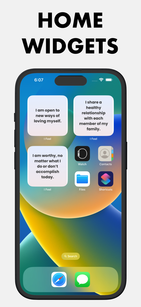 Manifest Affirmations : I Feel - Pantalla de inicio de iPhone mostrando tres widgets de afirmación positiva con citas motivacionales.