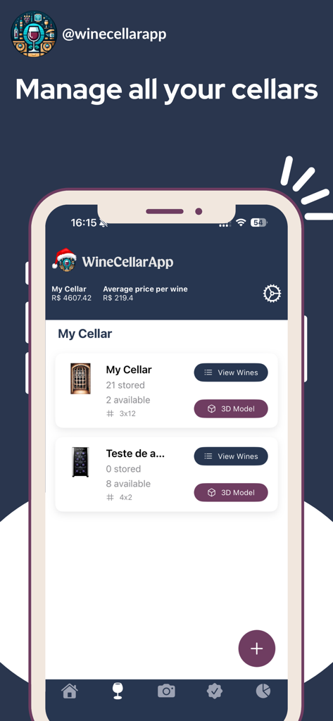 Interface of the Wine Cellar App showing multiple virtual cellars and inventory statistics on an iPhone