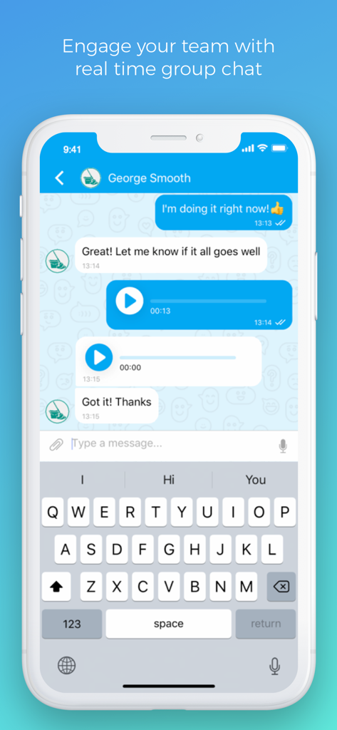 Connecteam Kiosk - Smartphone screen showing the Connecteam Kiosk app real-time team chat interface with text and voice messages.