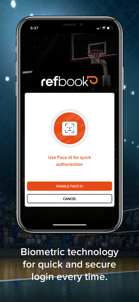 Interface de l'application Refbook affichant une invite pour activer Face ID pour une connexion biométrique rapide et sécurisée.