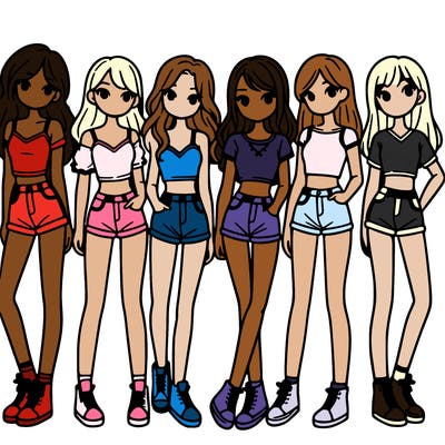a group of girls wearing crop tops and shorts