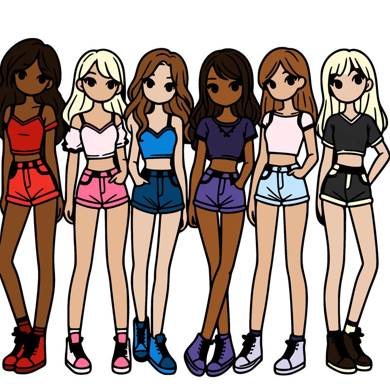 a group of girls wearing crop tops and shorts