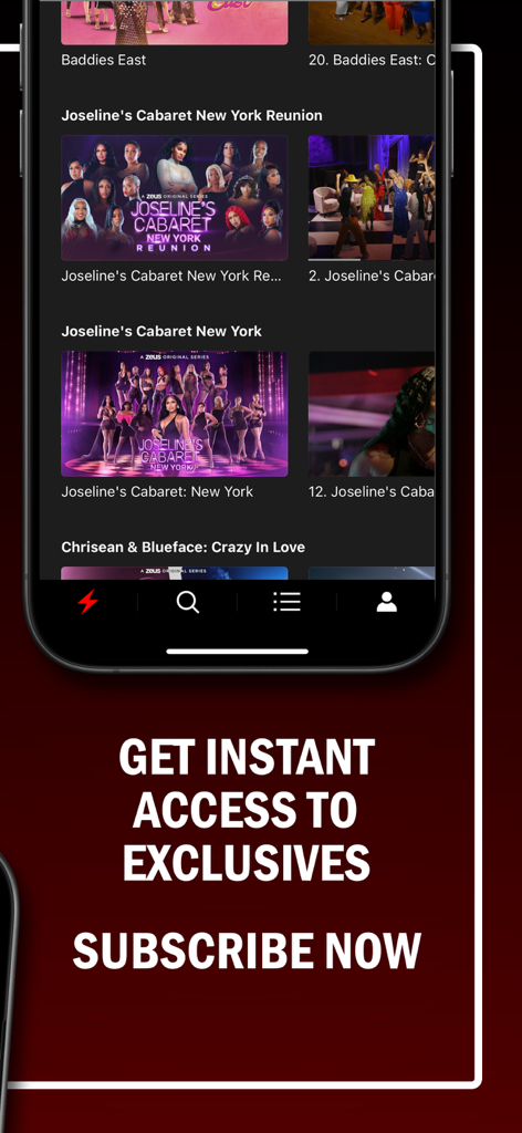 Die Benutzeroberfläche der Zeus Network Mobile App mit Reality-TV-Shows und einem Abonnement-Aufruf zur Handlung.