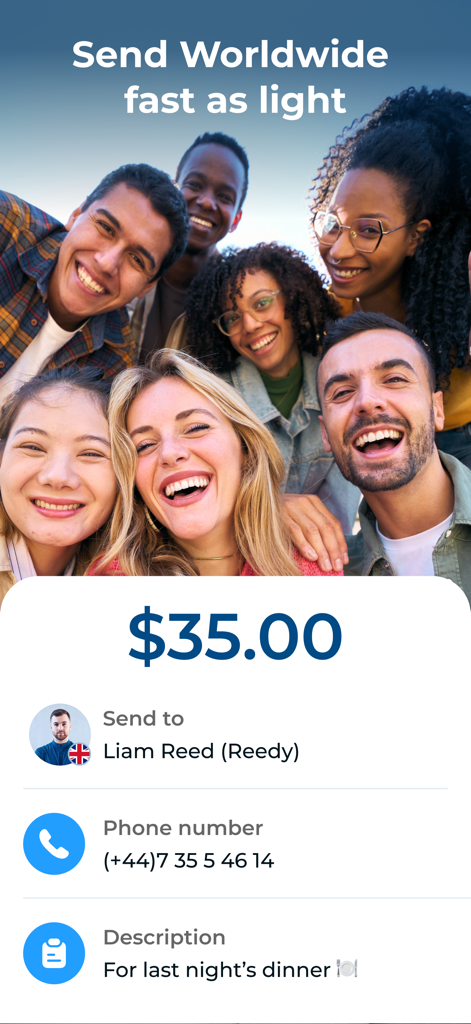 Cadmos - Cadmos App-Oberfläche, die eine internationale Geldüberweisung von 35 Dollar zeigt