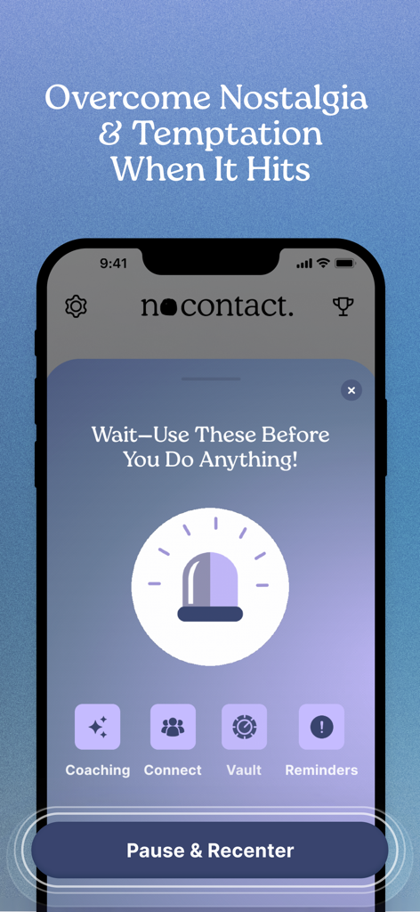 Smartphone display of No Contact Tracker Pro app intervention tools to overcome nostalgia and temptation