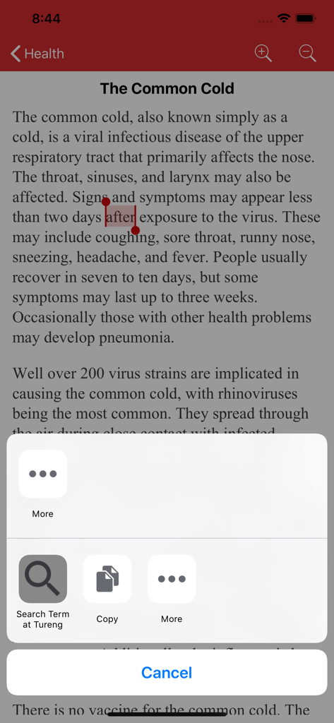 Tureng Vocabulary Notebook - Selecting a word in a text to search with Tureng Vocabulary Notebook via the iOS share menu