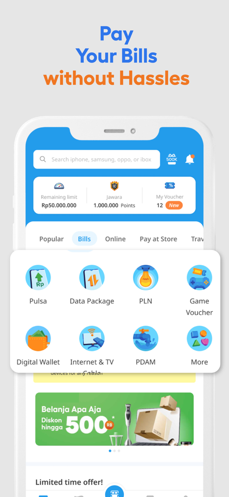 A screenshot of the Kredivo app showing the Pay Your Bills interface with options for utilities, data packages, and digital wallets.