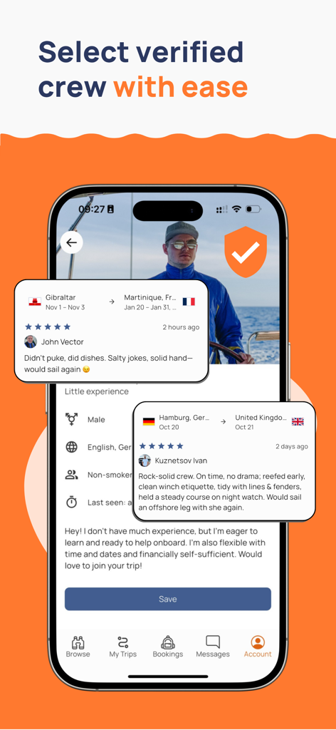 Interface de l'application Yacht Cabin montrant les profils et les critiques d'équipage de voile vérifiés
