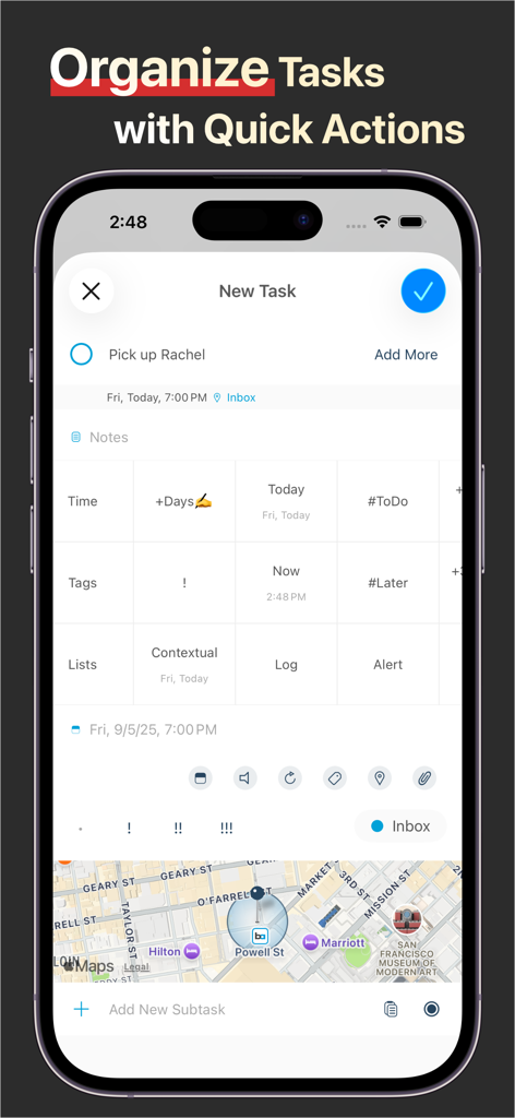 GoodTask App-Bildschirm zum Organisieren von Aufgaben mit Schnellaktionen und Standortfunktionen