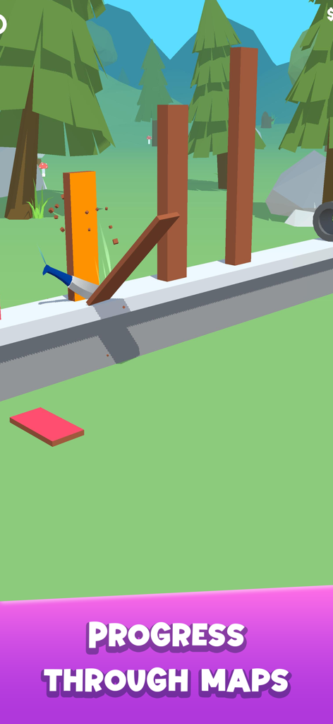 A knife slicing through wooden poles in a forest level with the text Progress Through Maps