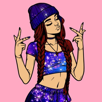 realistic teenage girl with braids and a beanie and crop top doing 🫶🏼