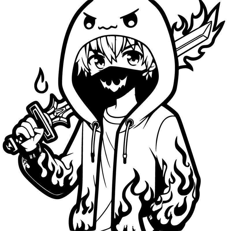 anime boy with hoodie with sword, a cool fancy flame design