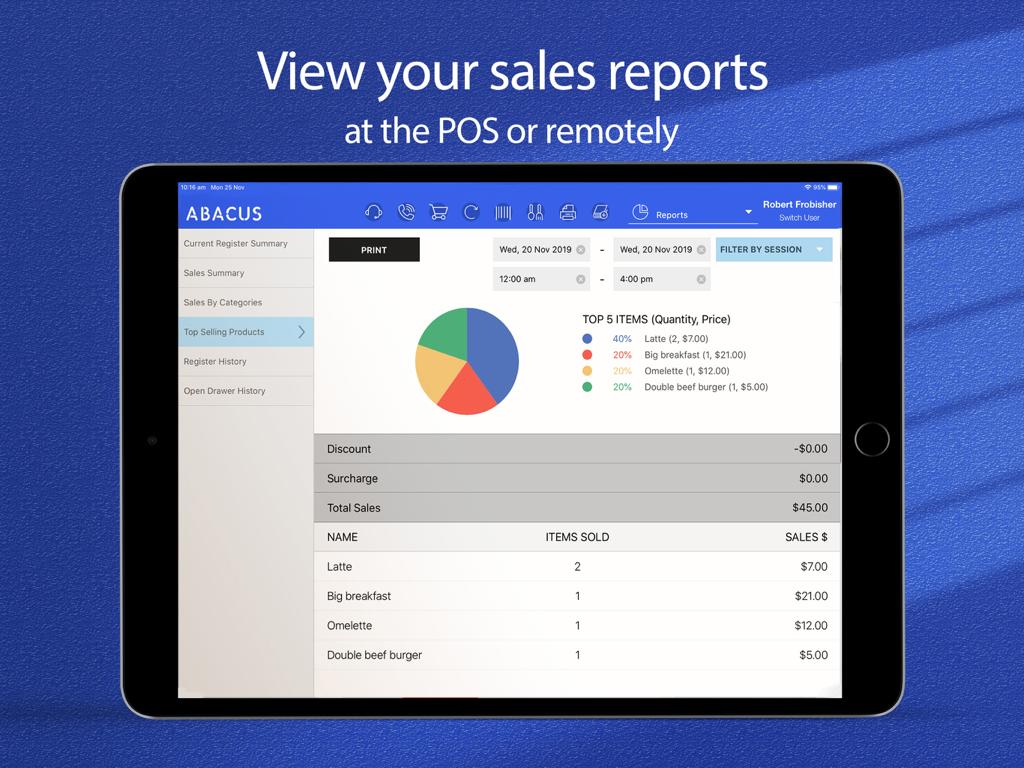 Abacus POS sales reports on an iPad showing top selling products with a pie chart and transaction list